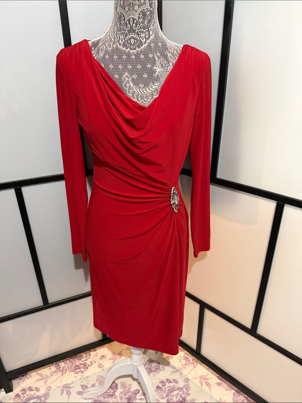 American Living Red Long Sleeve Draped Dress with Side Accent